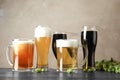 Composition with tasty beers and fresh green hops Royalty Free Stock Photo