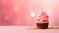 Composition with tasty birthday cupcake with candle on pink background Royalty Free Stock Photo