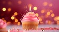 Composition with tasty birthday cupcake with candle on pink background Royalty Free Stock Photo