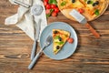 Composition with tasty pizza on wooden table Royalty Free Stock Photo