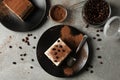 Composition tasty tiramisu and coffee beans on gray background