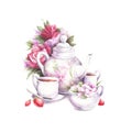 Composition with tea and flowers. Hand draw watercolor illustration. Royalty Free Stock Photo