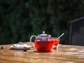 A summer fruit tea with fresh strawberries and natural currant on a wooden background. Healthful and organic breakfast. Royalty Free Stock Photo