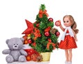 Composition with teddy bear christmas tree doll and santa claus bag Royalty Free Stock Photo