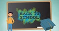 Composition of text back to school on chalkboard with cartoon schoolboy and mortarboard