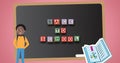 Composition of text back to school on chalkboard with cartoon schoolboy and open schoolbook