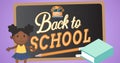 Composition of text back to school with pencil, cartoon schoolgirl, book and chalkboard Royalty Free Stock Photo