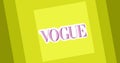 Composition of text vogue logo on four shades of yellow square background