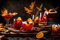 A composition of Thanksgiving-themed cocktails, showcasing expert mixology with ingredients like cranberry-infused spirits and