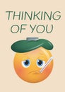 Composition of thinking of you message, ill emoji with icepack and thermometer on beige background Royalty Free Stock Photo