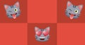 Composition of three cats over red checkered background