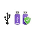 USB Symbol and Two Purple USB Flash Drives One with Shield Icon on White Background memory stick Royalty Free Stock Photo