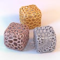 Composition of three metal cubes. 3d metal printing concept. Gold, bronze, silver materials.  3d rendering. Royalty Free Stock Photo