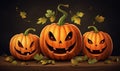 A composition of three pumpkins for Halloween with cheerful faces and smiles.