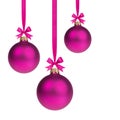 Composition from three purple christmas balls hanging on ribbon Royalty Free Stock Photo