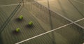 Composition of three tennis balls on tennis court with copy space