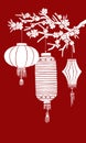 Composition with three traditional Chinese paper lanterns on tree branch. Hand drawn vector sketch illustration Royalty Free Stock Photo