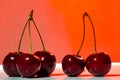 Composition of three and two ripe sweet cherries on a red background Royalty Free Stock Photo