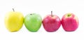 Composition of three types of apples lined up next to each other on a white background - green, yellow and red - still life Royalty Free Stock Photo