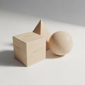 Composition of three wooden geometric shapes on a plain surface a cube, a Royalty Free Stock Photo
