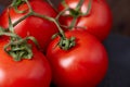 Composition of tomato bunch and hot pepper on black piece of board, top view, close-up. Royalty Free Stock Photo