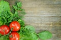 Composition of tomato with lettuce, parsley, dill Royalty Free Stock Photo