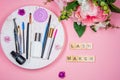 Composition of tools for eyelash extensions, inscription Lashmaker Royalty Free Stock Photo