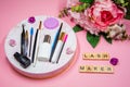 Composition of tools for eyelash extensions, inscription Lashmaker Royalty Free Stock Photo