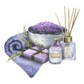 Composition with a towel, a bowl with sea salt for baths, with an aroma diffuser, soap, a bottle and twigs. Watercolor Royalty Free Stock Photo