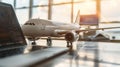 Composition with toy plane and laptop on table. Travel and information Concept. Mini airplane toy model. Royalty Free Stock Photo