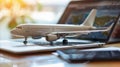 Composition with toy plane and laptop on table. Travel and information Concept. Mini airplane toy model. Royalty Free Stock Photo