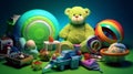 Composition of toys and items related to newborn baby boys with vivid colors background