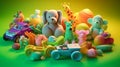 Composition of toys and items related to newborn baby boys with vivid colors background