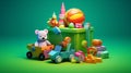 Composition of toys and items related to newborn baby boys with vivid colors background