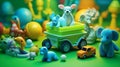 Composition of toys and items related to newborn baby boys with vivid colors background