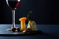 Composition of traditional appetizer for red wine on slate board