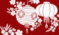 Composition with traditional Chinese paper lanterns and blooming tree. Hand drawn vector sketch illustration Royalty Free Stock Photo
