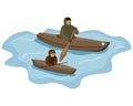 Composition traditional Eskimo man and child floating kayak with paddle isolated on white background. Man training float kid on