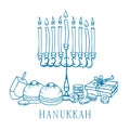 Composition with traditional Hanukkah objects. Menorah, donuts, dreidel, coins. Outline vector sketch illustration Royalty Free Stock Photo