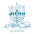 Composition with traditional Hanukkah objects. Menorah, donuts and dreidels. Hand drawn outline vector sketch Royalty Free Stock Photo