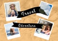 Composition of travel adventure text with holiday photographs on beige crumpled paper