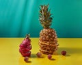 Tropical Pineapple fruit single whole and dragon fruit, pitaya made up of sliceson and litchi fruits on a duotone yellow Royalty Free Stock Photo