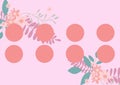 Composition of tropical plant elements with eight pink circles on pale pink background