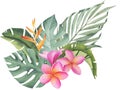 Composition with tropical plants and flowers. Botanical watercolor green exotic leaves. Coconut palm, monstera, banana Royalty Free Stock Photo