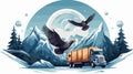 Composition with Truck Compass Mountain and Eagle Royalty Free Stock Photo