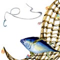 Composition of tuna and fishnet watercolor illustration isolated on white. Royalty Free Stock Photo