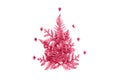 composition of twigs of thuja and tiny cones in the shape of a christmas tree, isolated on a pink background