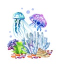 Composition with two blue jellyfishes in coral reef. Hand drawn watercolor illustration Royalty Free Stock Photo