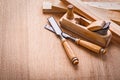 Composition two chisels woodworkers plane and Royalty Free Stock Photo