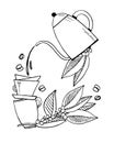 Composition with two cups, drink pouring from gooseneck pot and plant leaves. Drip brewed coffee. Hand drawn vector outline sketch